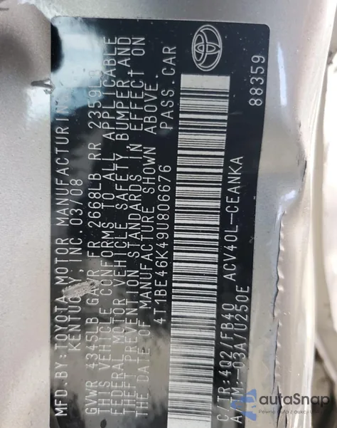 2009 Toyota Camry Base from USA, damaged, VIN 4T1BE46K49U806676